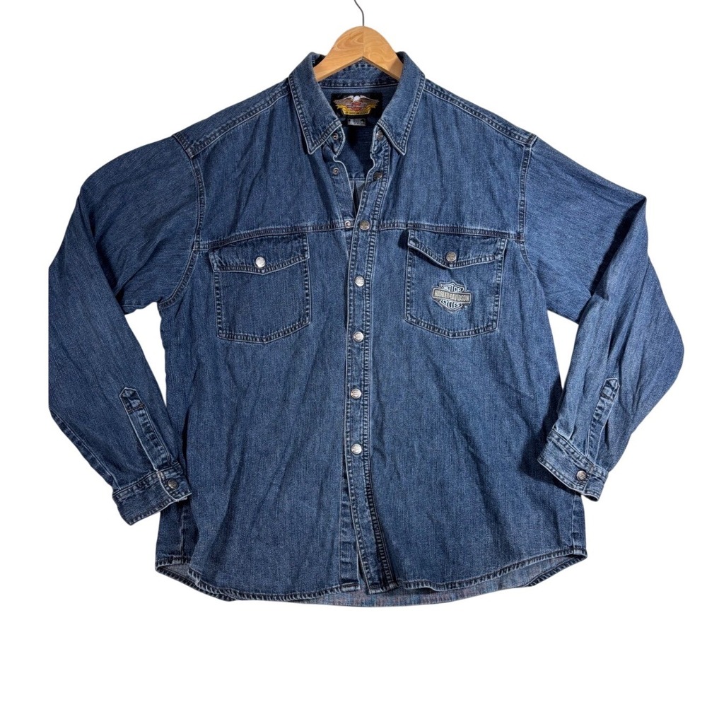 Harley-Davidson Mens Blue Denim Long Sleeve Button Down Shirt XL Logo